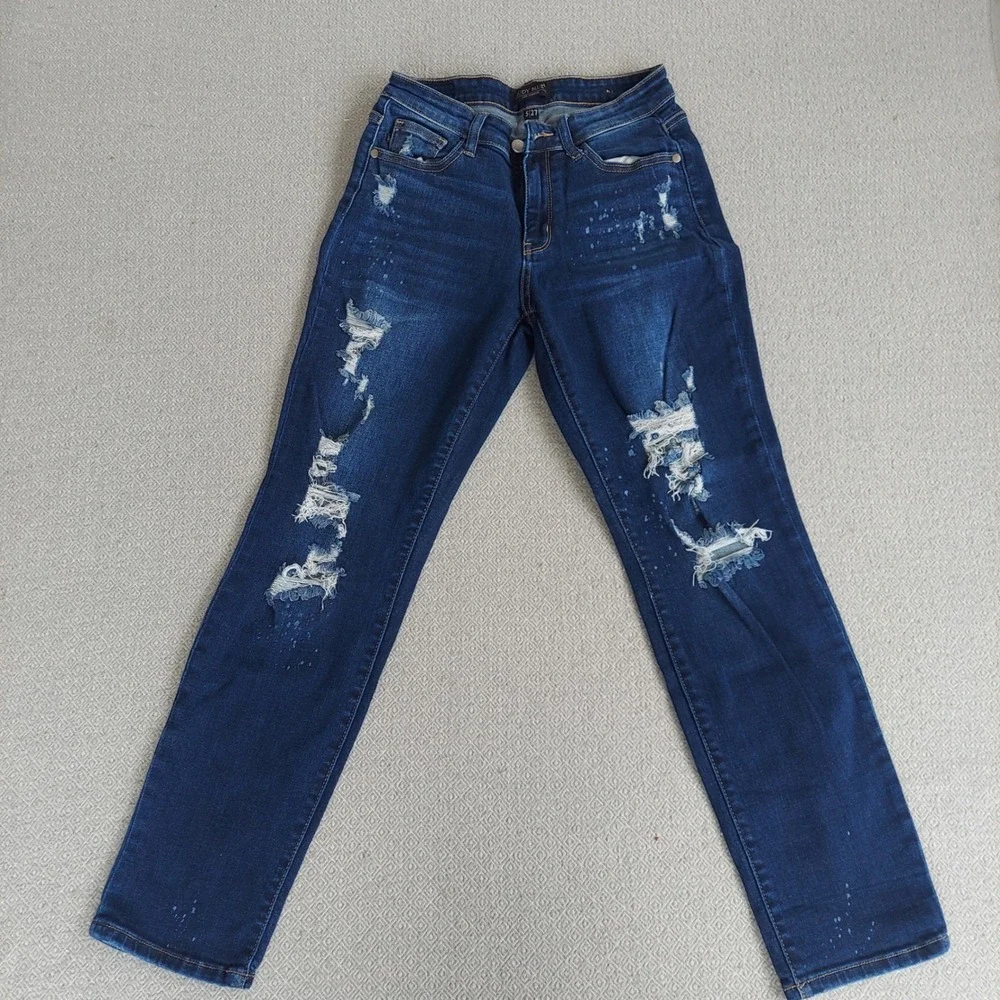 Judy Blue Jeans Women 5/27 Dark Wash‎ Distressed Slim Fit Bleach Splatter Denim